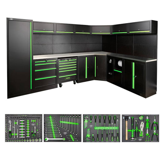 JBM - Narożna zabudowa warsztatowa z wózkiem i wyposażeniem narzędziowym